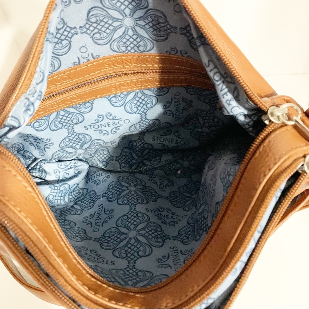 Stone and Co. Brown Leather Crossbody Shoulder Bag Fully Lined in Blue Pockets - Picture 11 of 16